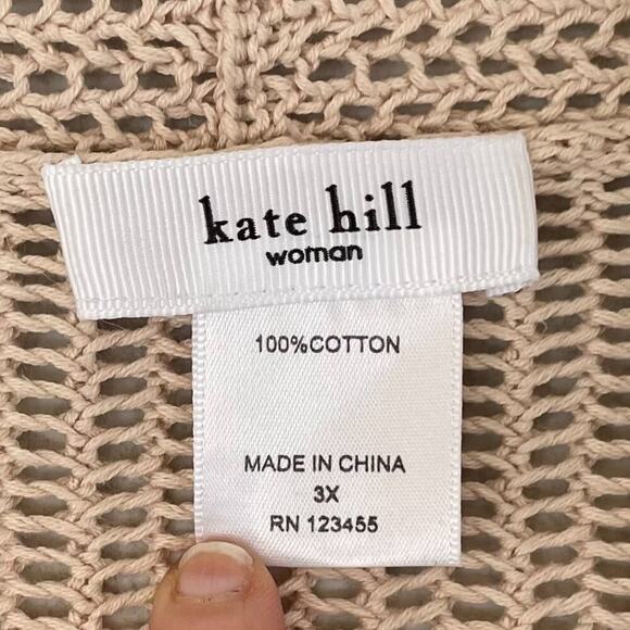 Kate Hill Tan/Neutral Cotton Open Knit Open Front Long Cardigan Cuffed Sleeve 3X - Picture 7 of 10